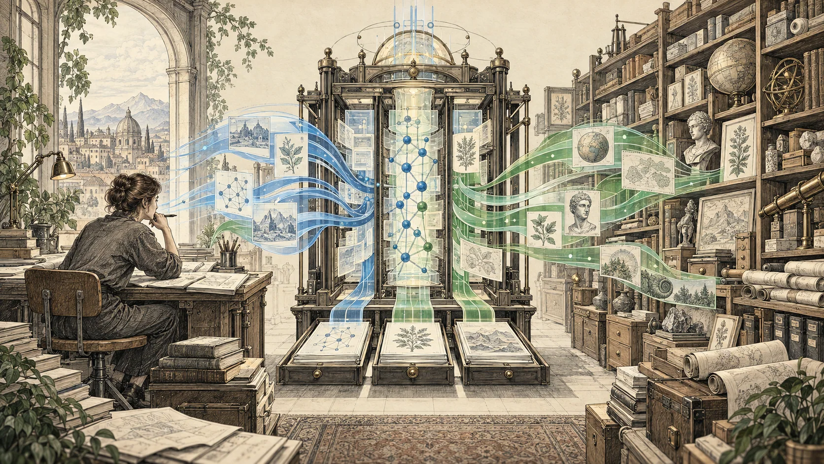 Researcher and an illuminated machine exchange blue and green streams of knowledge