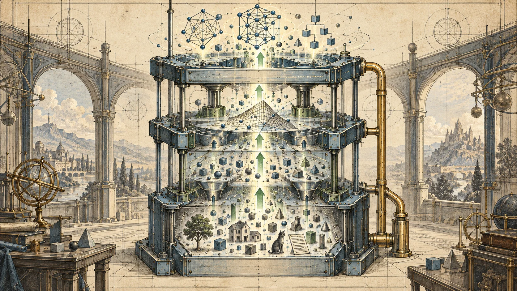 Layered machine lifting symbols and models above a miniature world
