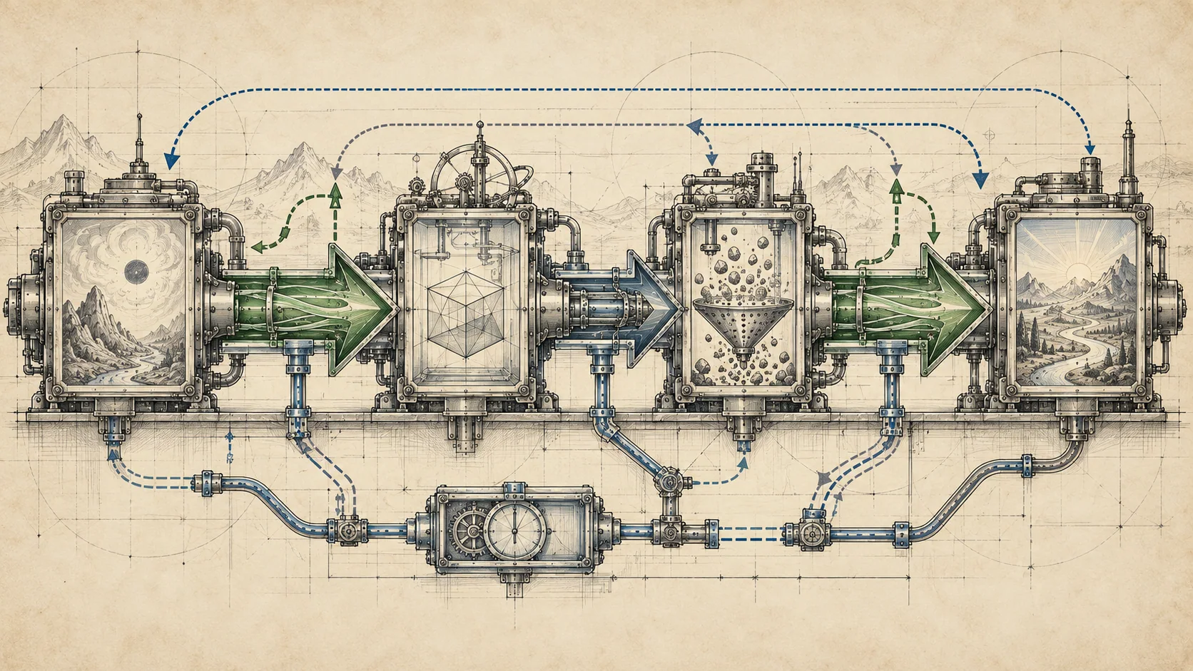 A sequence of machines passes landscapes, geometric models, and knowledge forward