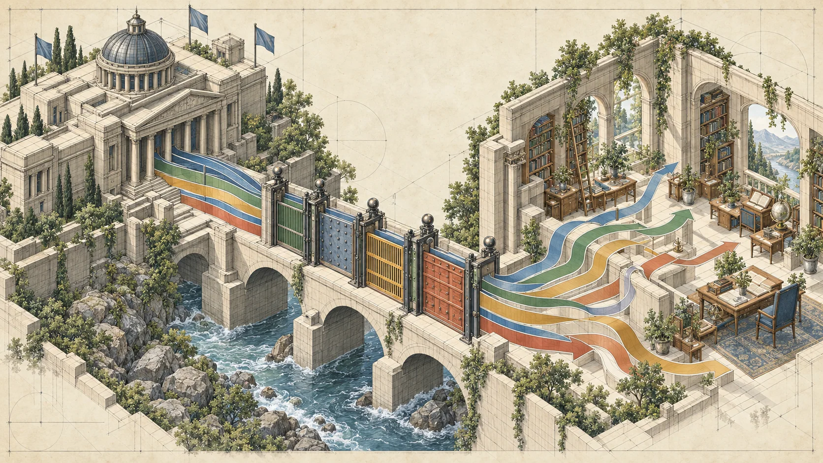 Institutional building and open library exchange colored paths over a river