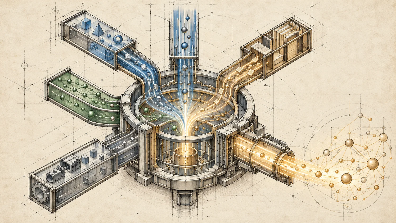 Streams of books, shapes, and network nodes converge in a central vessel