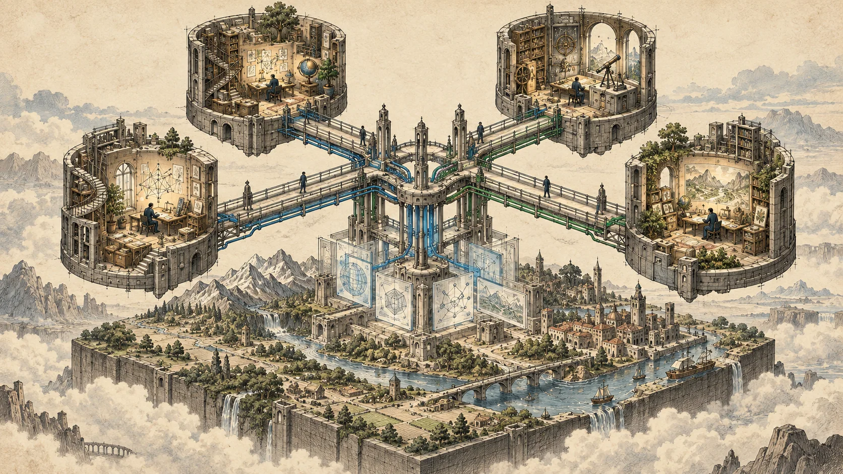 Four towers of work and study linked by bridges above a shared landscape