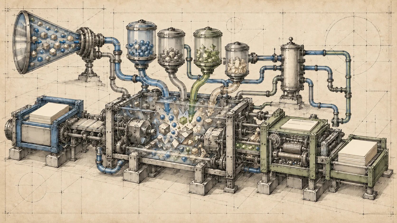 Industrial sorting machine channels competing models through connected stages