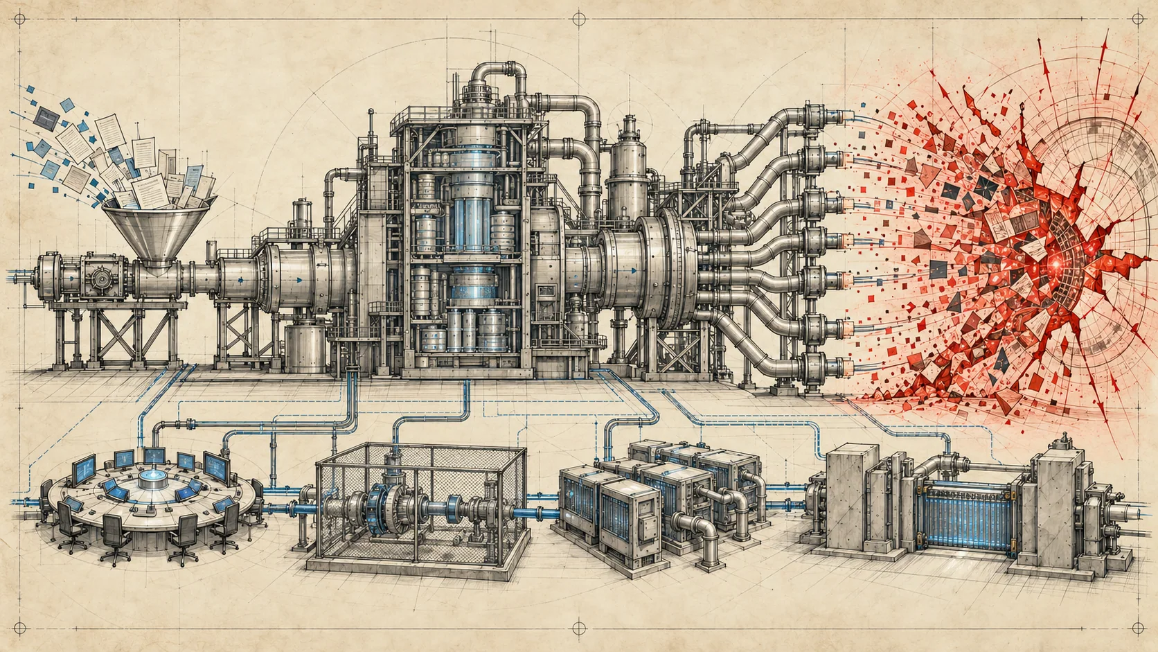 Knowledge-processing machinery sends papers toward a burst of red fragments