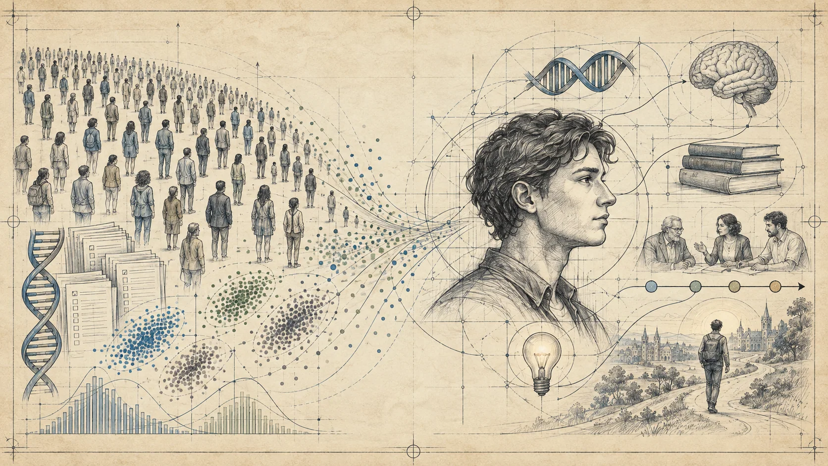 Person connected to DNA, population patterns, learning, and a path through a city