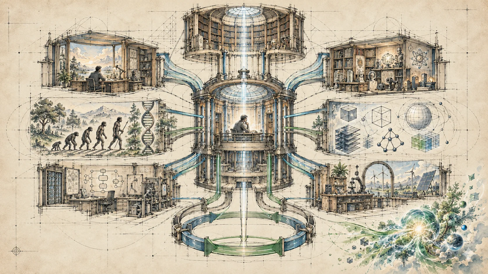 Illustrated knowledge hub linking a person to scenes of science, society, and nature